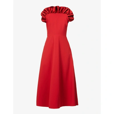 Shop Greta Constantine Womens Red Vermeer Frill-trimmed Silk And Wool-blend Midi Dress S