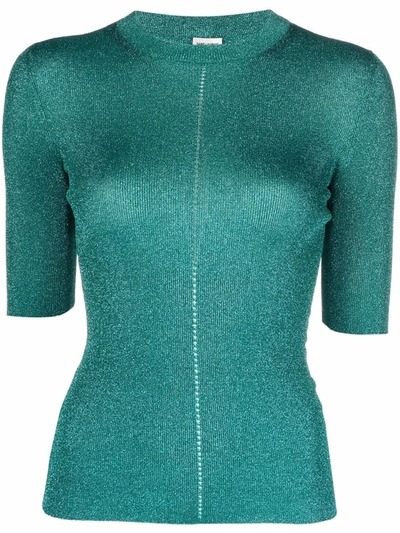 Saint Laurent Turquoise Blue Short-sleeved Metallic Knit Top In Grün
