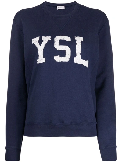 Shop Saint Laurent Logo-print Cotton Sweatshirt In Blue