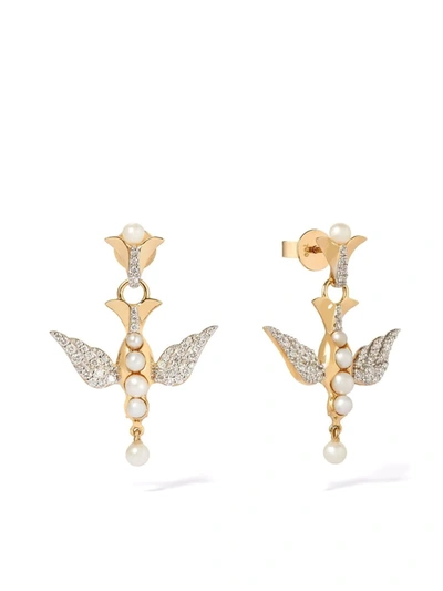 Shop Annoushka X Temperley London 18kt Yellow Gold Lovebirds Pearl Diamond Drop Earrings