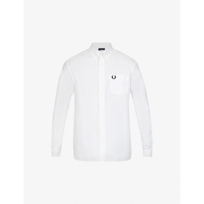 Shop Fred Perry Mens White Logo-embroidered Long-sleeve Cotton Oxford Shirt