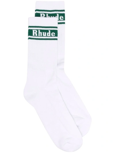 Shop Rhude Logo-print Ribbed Socks In White