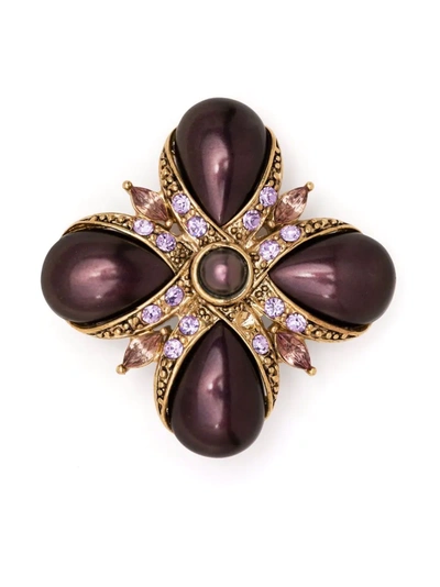 Pre-owned Monet Faux-pearl Crystal-embellished Brooch In Gold