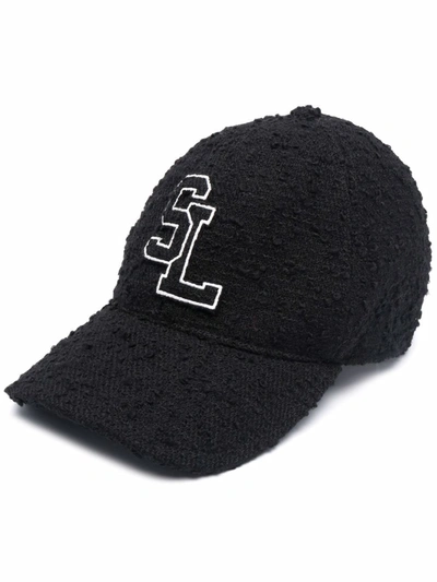 Shop Saint Laurent Logo Patch Tweed Baseball Cap In Black