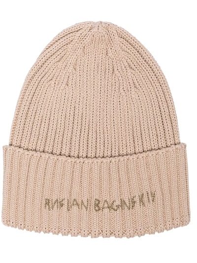 Shop Ruslan Baginskiy Logo-print Ribbed-knit Beanie In Nude