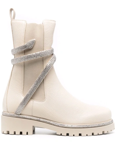 René Caovilla Rhinestone Snake Boots In Nude