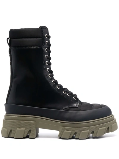 Ganni Lug Sole Leather Lace Up Tall Combat Boots In Schwarz