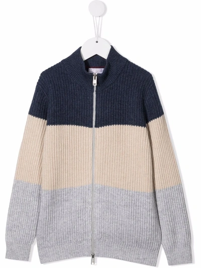 Shop Brunello Cucinelli Colour-block Cashmere-wool Blend Zip Jacket In Blue