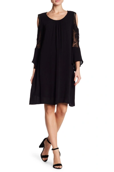 Shop Nina Leonard Crochet Cold Shoulder Long Sleeve Dress In Black