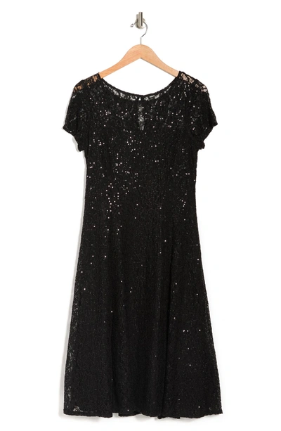 Shop Sl Fashions Cap Sleeve Metallic Lace Dress In Blk