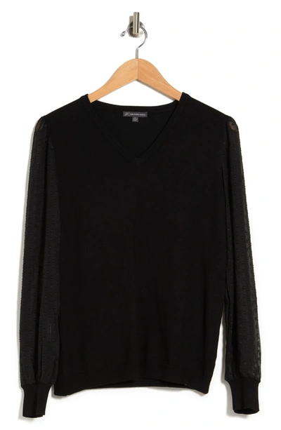 Shop Adrianna Papell V-neck Clip Dot Sleeve Sweater In Black
