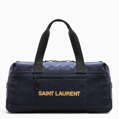 Shop Saint Laurent Blue Velvet Duffle Bag With Logo Embroidery