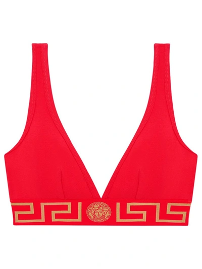 Shop Versace Greca Border Triangle Bikini Top Red