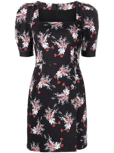 Shop Adam Lippes Floral Puff Sleeve Mini Dress Black And Poppy Red