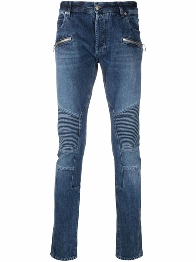 Shop Balmain Blue Denim Panelled Skinny Jeans