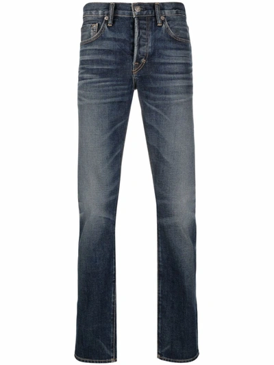 Shop Tom Ford Blue Mid-rise Whiskered Straight-leg Jeans