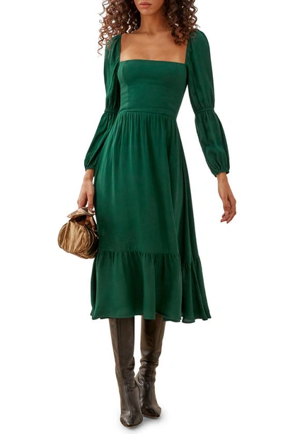Shop Reformation Floral Long Sleeve Midi Dress In Emerald