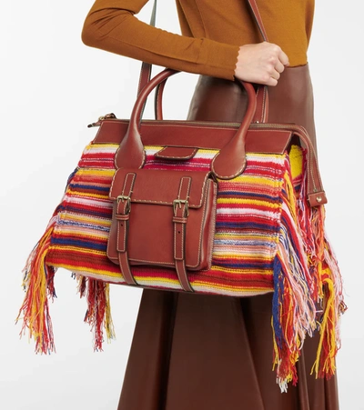 Shop Chloé Edith Large Cashmere And Leather Tote In Multicolor Red 4