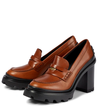 Shop Tod's Leather Loafer Pumps In Brandy Scuro