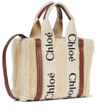 Chloé Woody Small Shearling And Leather Tote In Mild Beige