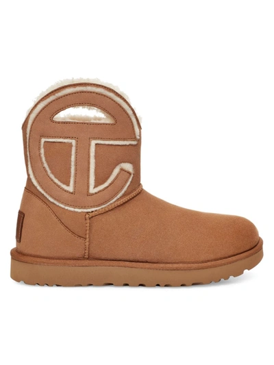 Shop Ugg X Telfar Women's  Logo Mini Lamb Shearling Boots In Chestnut