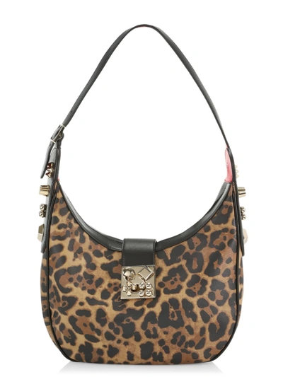 Shop Christian Louboutin Women's Small Carasky Leopard-print Leather Studded Shoulder Bag In Brown Gold