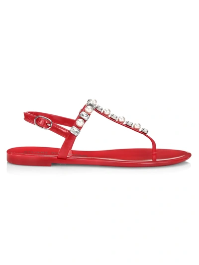 Shop Stuart Weitzman Women's Goldie Crystal & Pearl T-strap Jelly Sandals In Coral