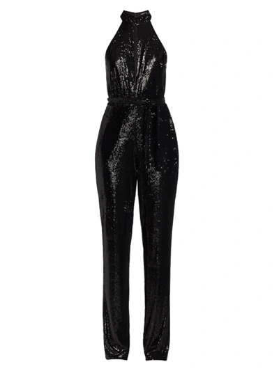 Shop Halston Women's Ash Sequined Halter Jumpsuit In Black