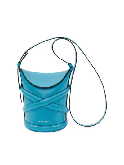 Shop Alexander Mcqueen Women's Small The Curve Leather Bucket Bag In Cerulean