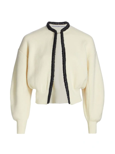 Shop Alexander Wang Ruched Leather Trim Cardigan In Ivory