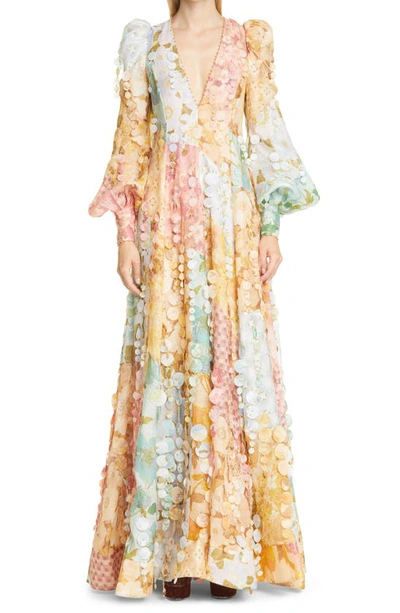Shop Zimmermann Tempo Patch Long Sleeve Linen & Silk Gown In Mixed Print