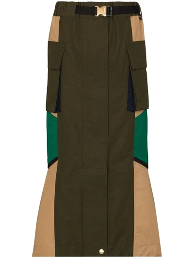 Shop Sacai Panelled Zipped High-waisted Skirt In Green