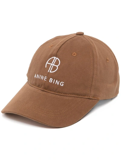 Shop Anine Bing Twill Embroidered Baseball Cap In Brown