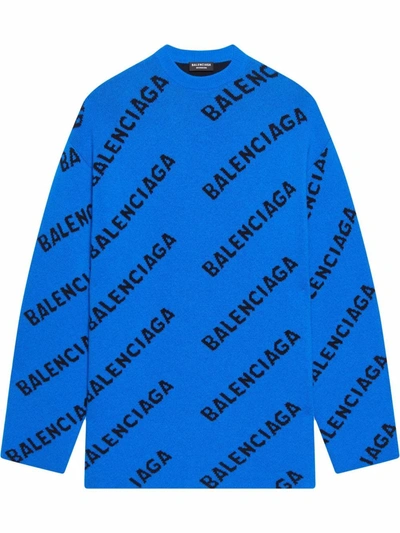 Shop Balenciaga Oversized Logo-intarsia Jumper In Blue
