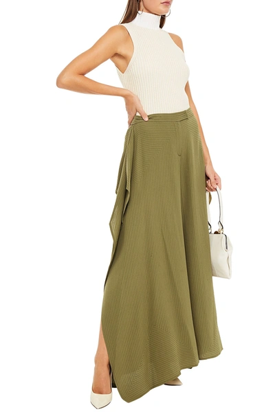 Shop Valentino Topstitched Silk Crepe De Chine Wide-leg Pants In Sage Green