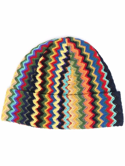 Missoni Zig-zag-print Folded-brim Wool Beanie Hat In Multi Navy | ModeSens