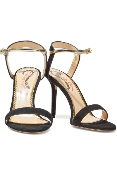 Shop Charlotte Olympia Metallic Leather-trimmed Suede Sandals In Black