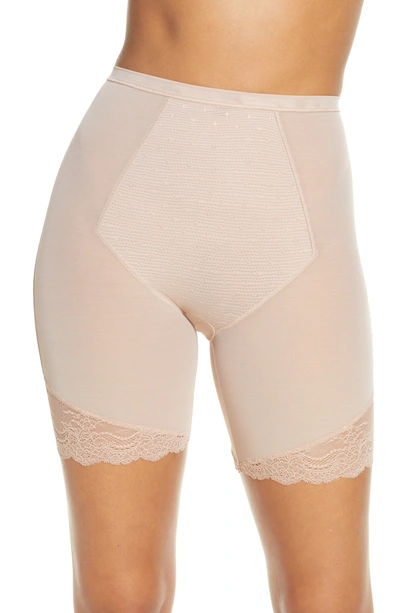Shop Spanx Spotlight On Lace Mid-thigh Shorts In Foundation