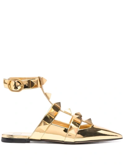 Shop Valentino Roman Stud Pointed-toe Ballerina Shoes In Gold