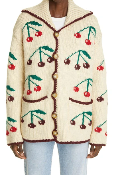 Bode Cherry Intarsia Merino Wool & Mohair Cardigan In Natural