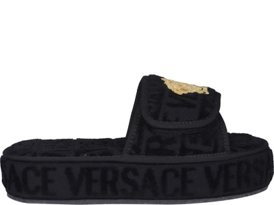 Shop Versace Logo Slippers In Black
