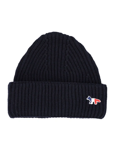 Shop Maison Kitsuné Maison Kitsune Tricolor Fox Patch Beanie In Navy