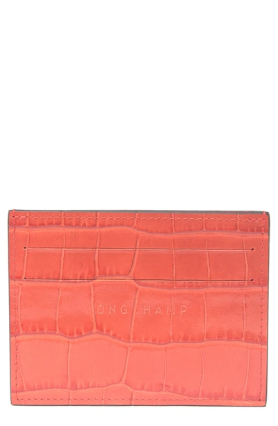 Longchamp Le Pliage Croc Embossed Leather Card Holder In Coral
