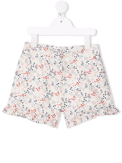 Knot Floral-print Ruffle-hem Shorts In White