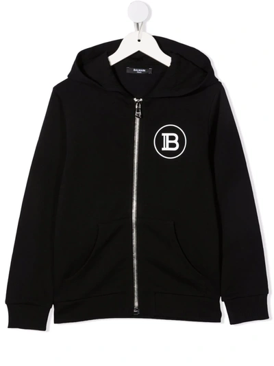 Shop Balmain Logo Print Zip-up Hoodie In Black