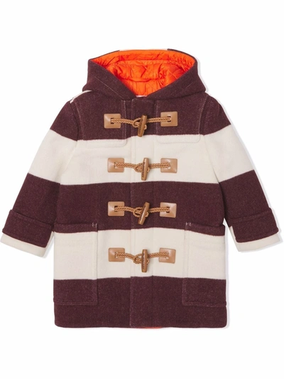 Shop Burberry Striped Wool Duffle Coat In Red