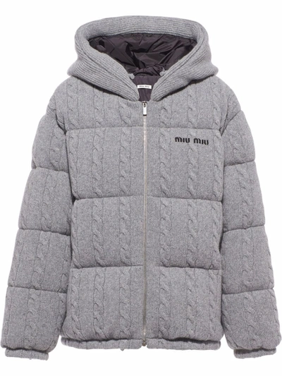Shop Miu Miu Cable-knit Padded Jacket In Grey