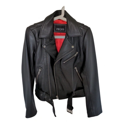Pre-owned Pieces Leather Biker Jacket In Black