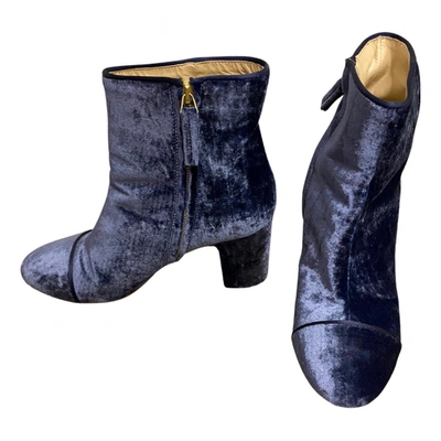 Pre-owned Polly Plume Velvet Ankle Boots In Blue