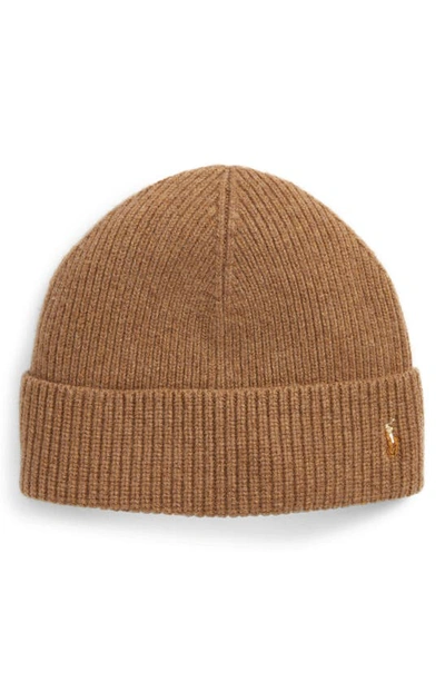 Shop Polo Ralph Lauren Signature Merino Cuff Beanie In Honey Brown Heather